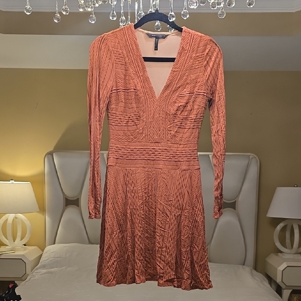 BCBGMaxAzria Textured Long Sleeve Dress in Rust